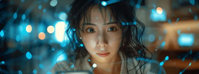 Businesswoman in neon cyber city, using mobile phone and laptop for global AI commerce analytics