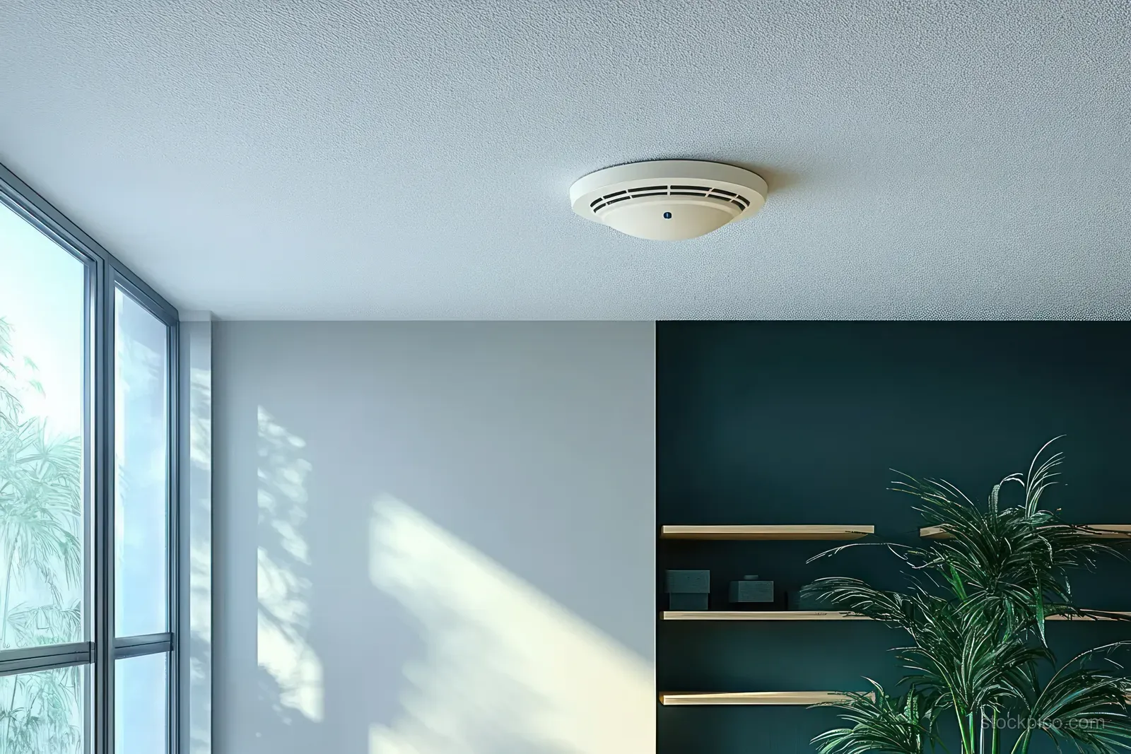 A white smoke detector mounted on the ceiling above a sunlit living room window.