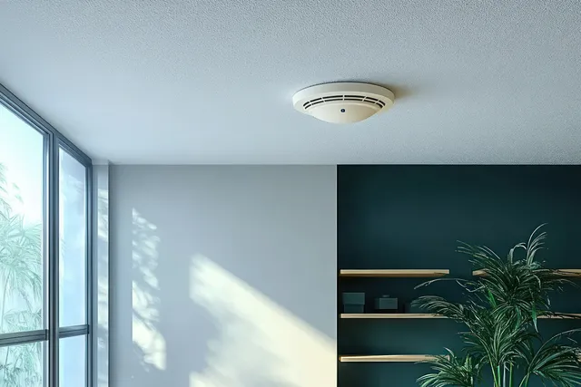 A white smoke detector mounted on the ceiling above a sunlit living room window.