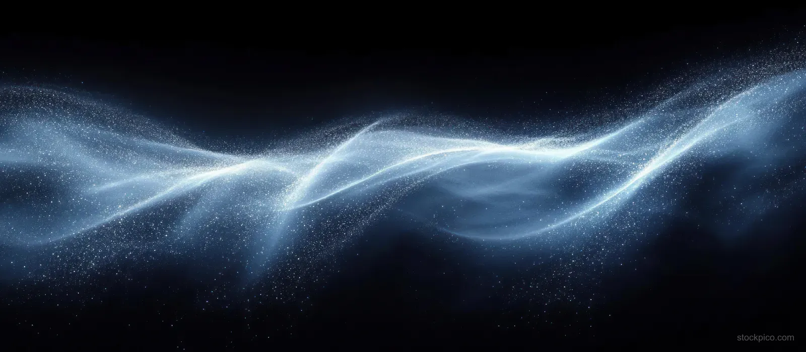 White light waves and small glowing particles flow across a dark background with a soft luminous haze.