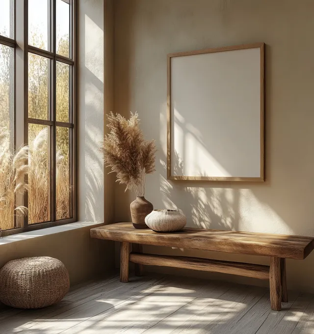 Sunlit Scandinavian interior corner with blank frame above a wooden console table and dried pampas grass in a vase.