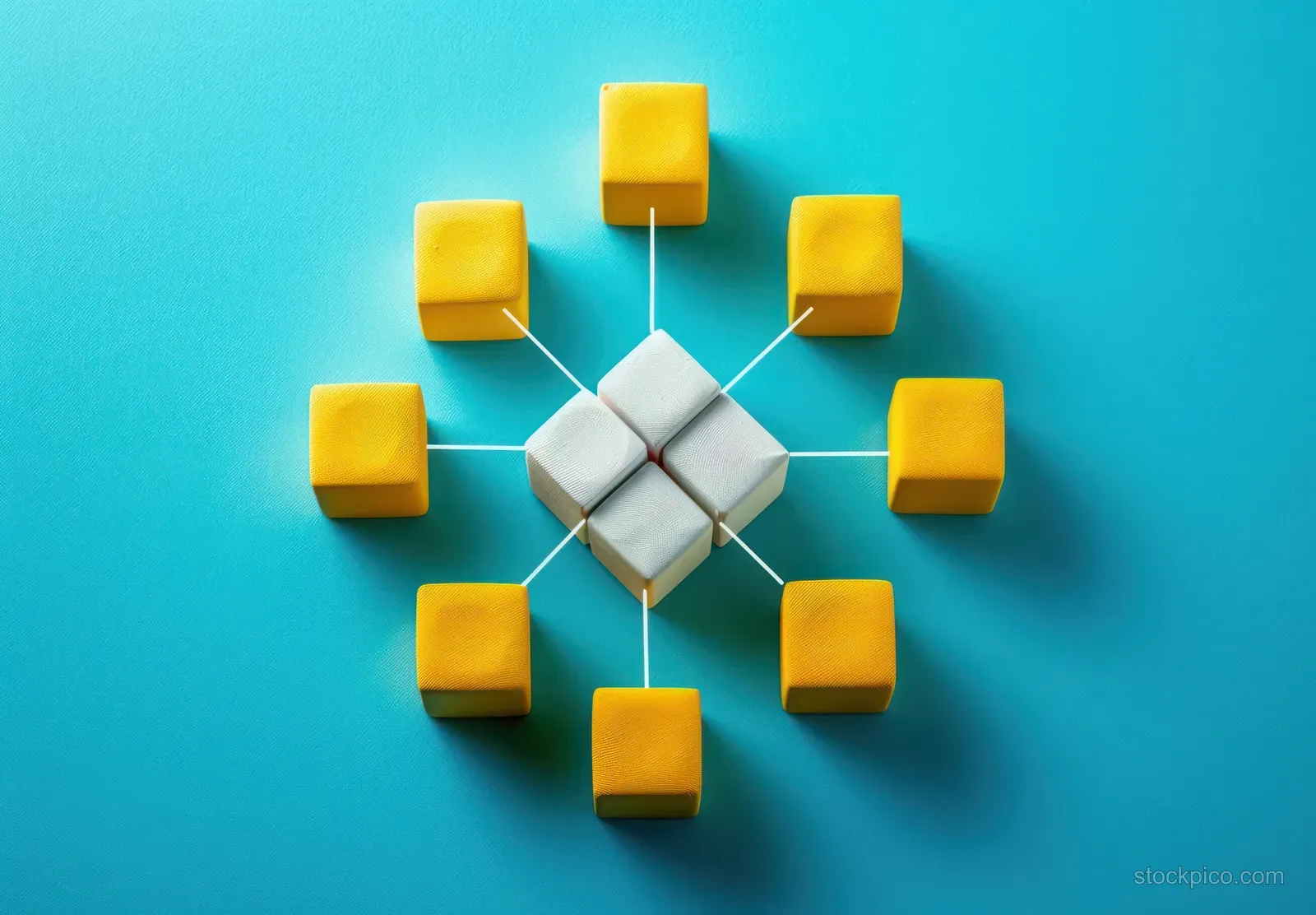 Yellow cubes connected by white lines surround a central cluster of white cubes on a turquoise background.
