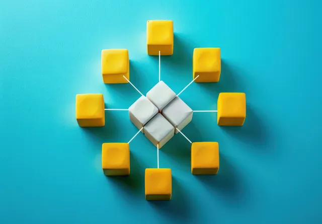 Yellow cubes connected by white lines surround a central cluster of white cubes on a turquoise background.