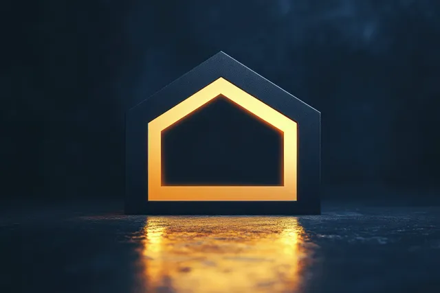 Warm yellow house-shaped light outline glowing on a dark textured surface with mirrored reflection.