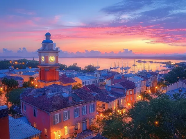 Aerial view of historic downtown Fernandina Beach at dusk showing a clock tower, glowing streets, and marina boats.
