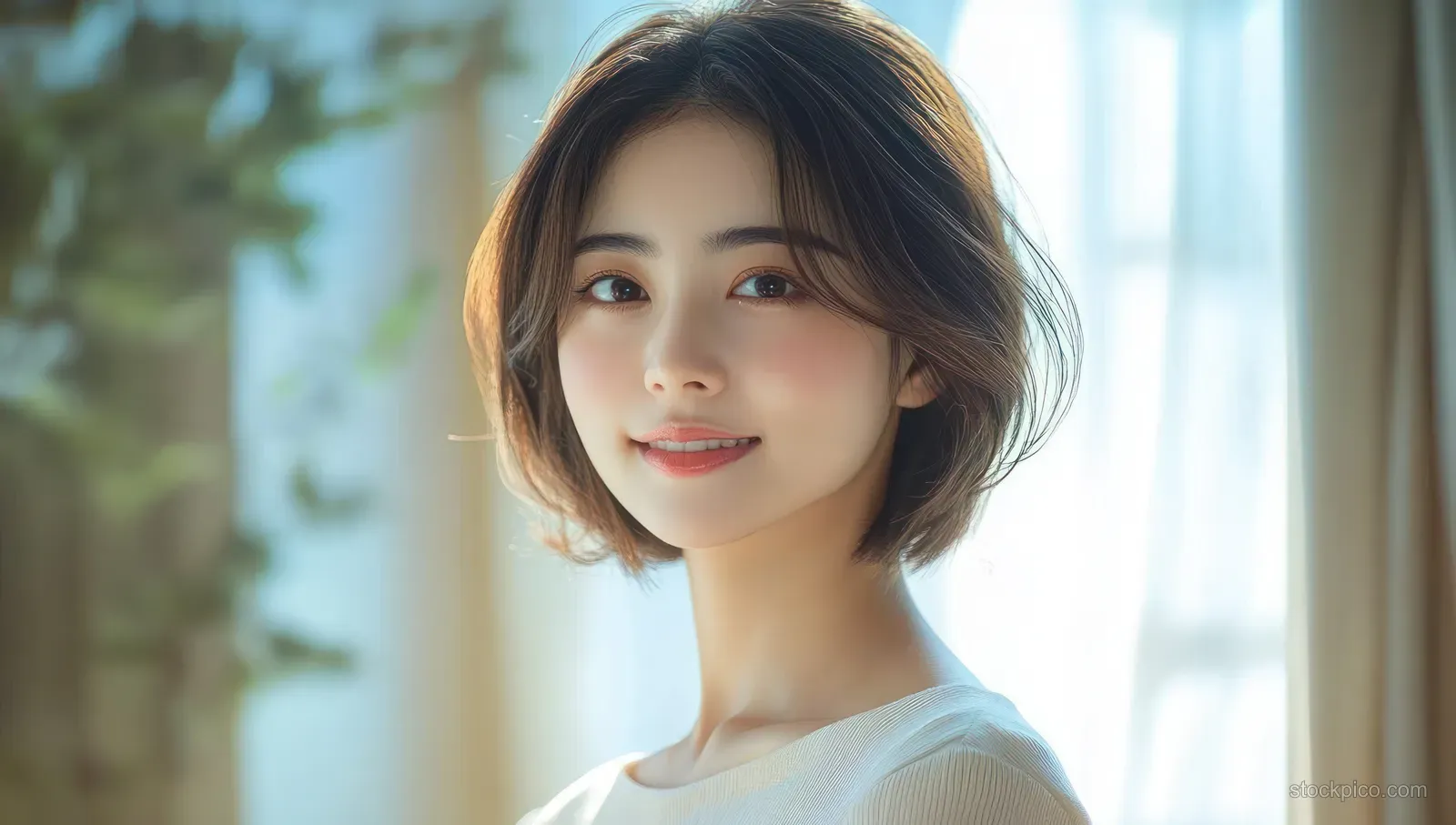 Young woman with short hair in a white top stands by a window with soft daylight and blurred green plants behind her.