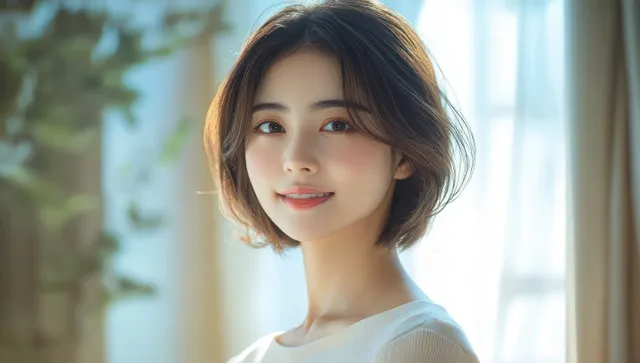 Young woman with short hair in white top by window, soft daylight glow, calm indoor portrait