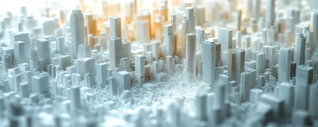 Aerial view of a white geometric cityscape with tall towers, mist, and soft sunlight.