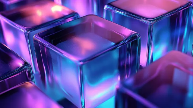 Glowing transparent cubes stacked in blue and purple light, futuristic abstract 3D scene