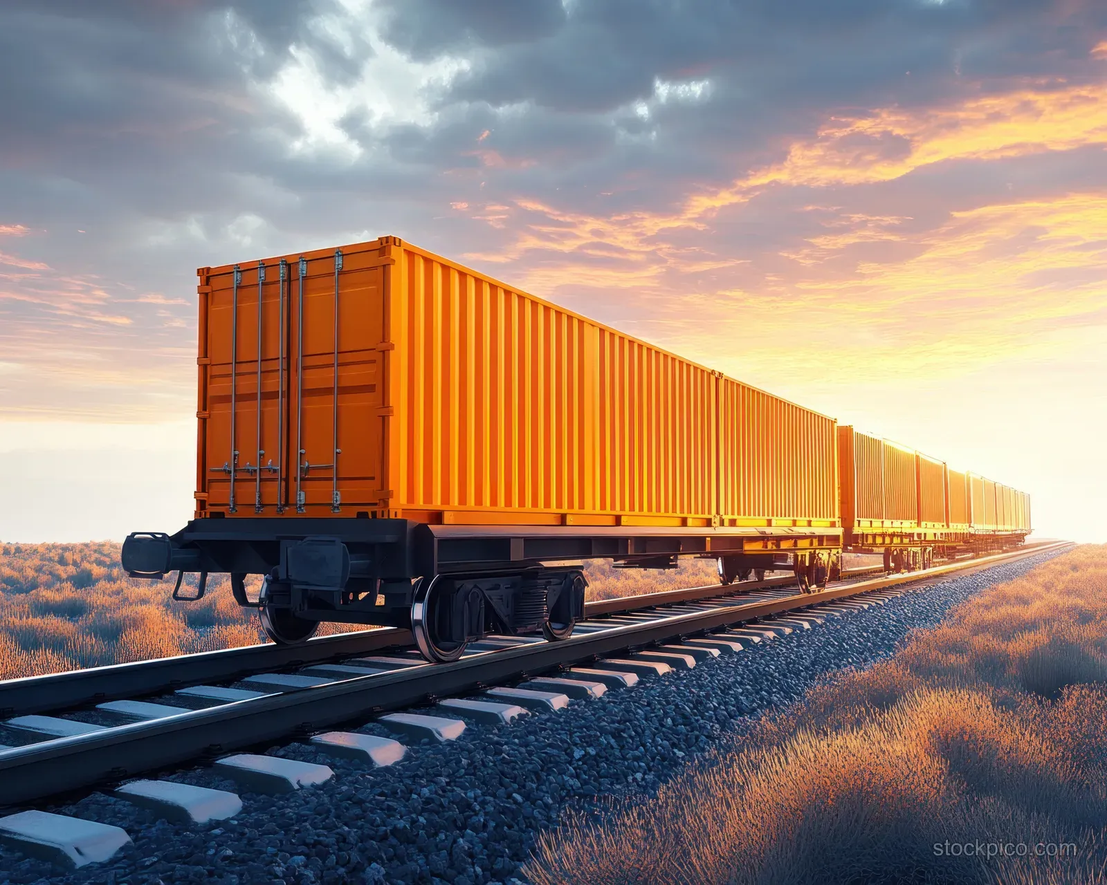 A freight train wagon with orange cargo containers moves along tracks under a sunset sky.