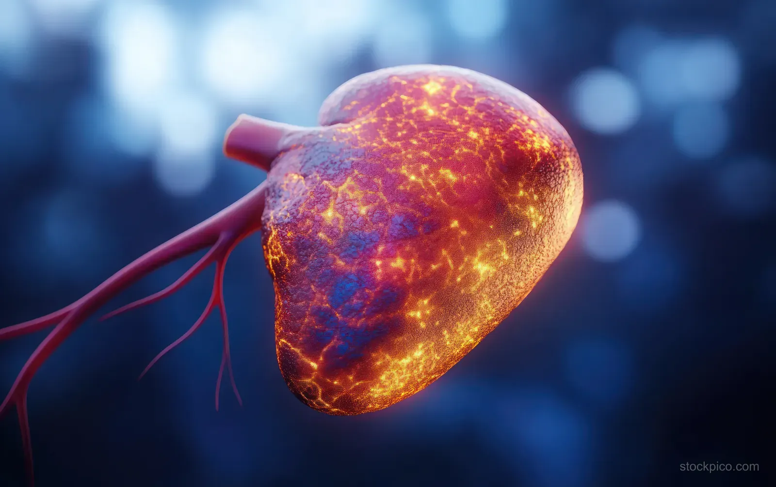 3D human liver with fatty deposits and branching red-blue vessels suspended on a blue blurred background.