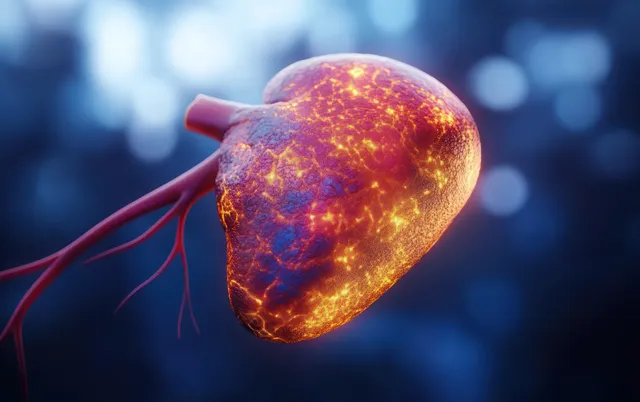3D human liver with fatty deposits and branching red-blue vessels suspended on a blue blurred background.