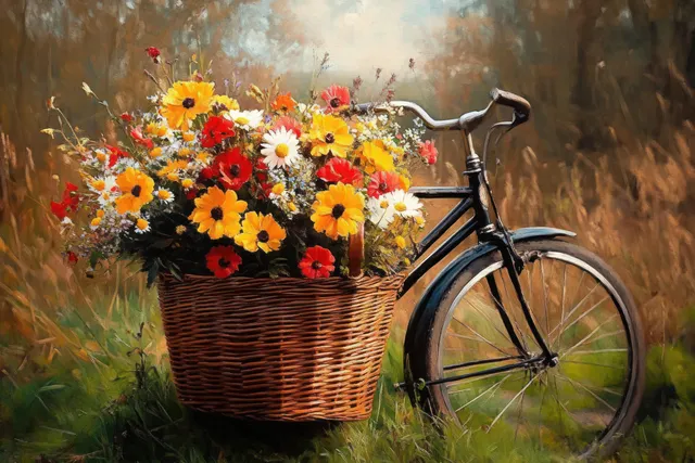 Vintage bicycle next to a wicker basket overflowing with colorful wildflowers in a sunlit meadow.