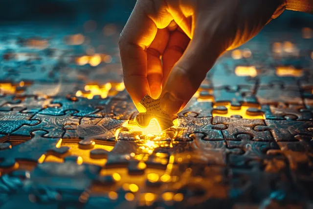 Hand places glowing last blue jigsaw piece in dark room, completing puzzle vision