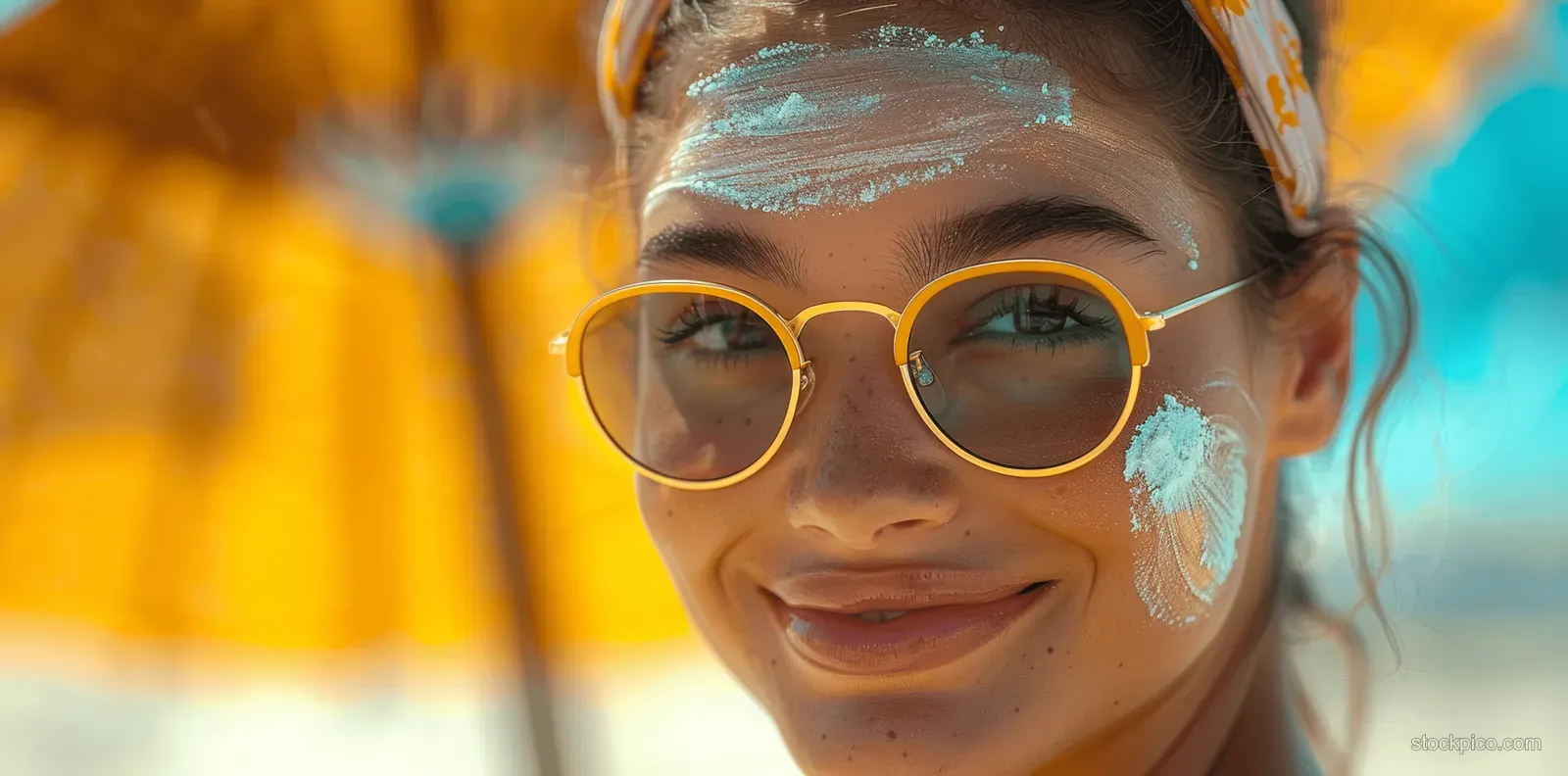 Smiling woman with yellow sunglasses applies sunscreen on her face in a sunny outdoor background.