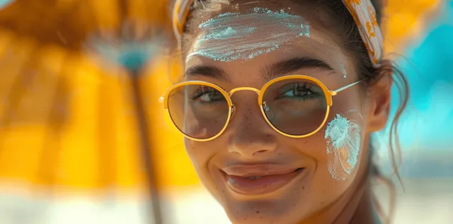 Smiling woman with yellow sunglasses applies sunscreen on her face in a sunny outdoor background.