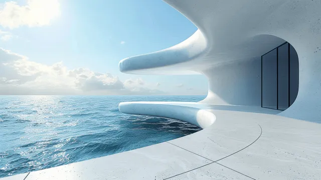 Abstract wavy building entrance on a concrete terrace beside the ocean with a blue sky backdrop.