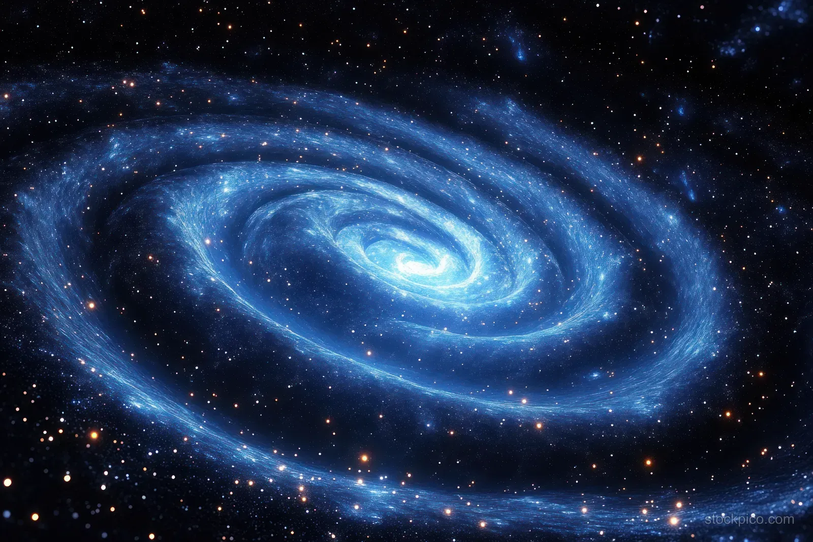 Blue spiral galaxy with luminous star field and swirling glowing nebula arms in deep space.
