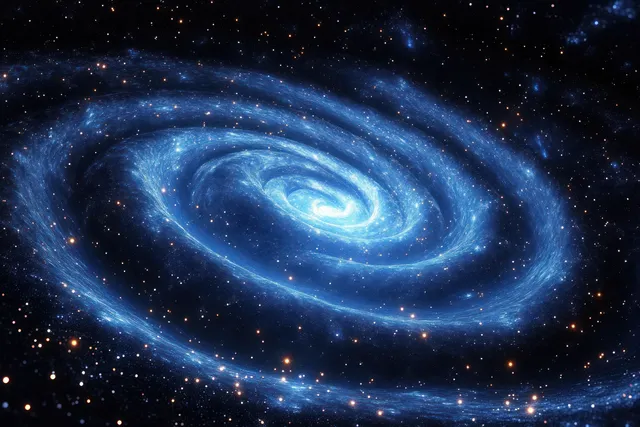 Blue spiral galaxy with luminous star field and swirling glowing nebula arms in deep space.
