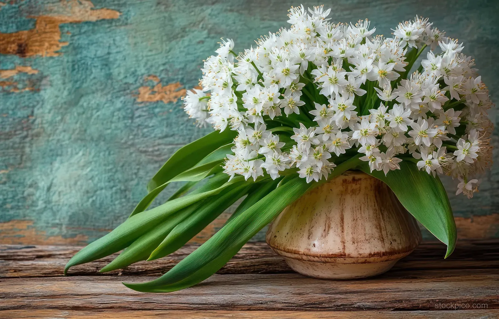 White wild garlic blossoms and green stems in a clay pot on a rustic wooden table with textured backdrop.