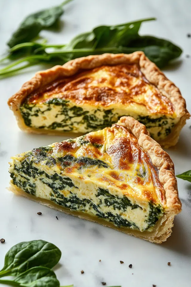 Two slices of spinach and cheese quiche with flaky crust on a white surface