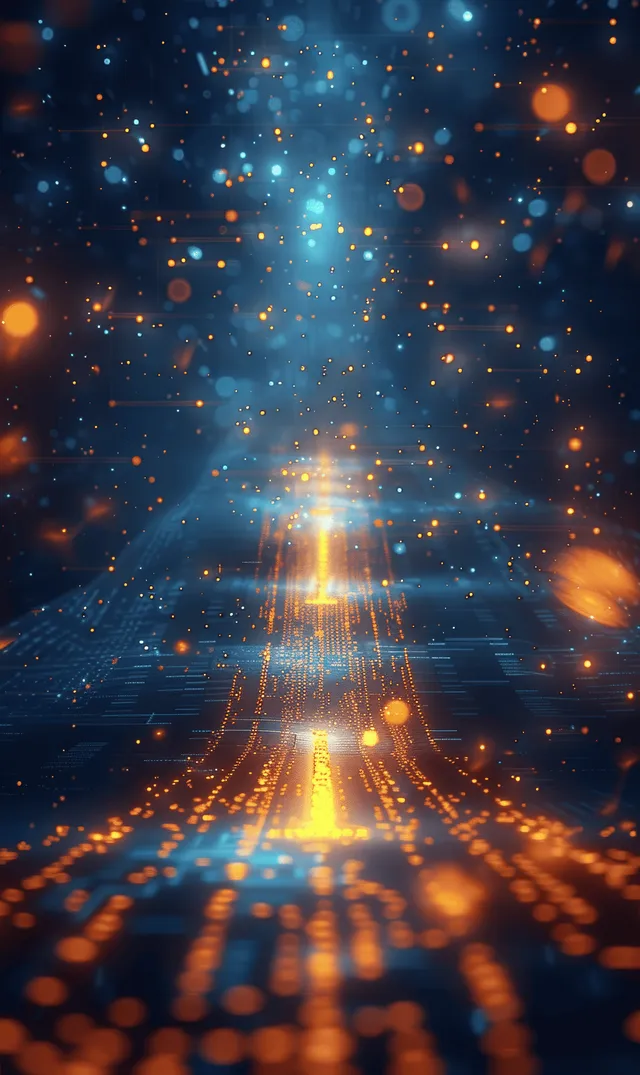 Futuristic data highway glowing with blue and orange lights, digital particles
