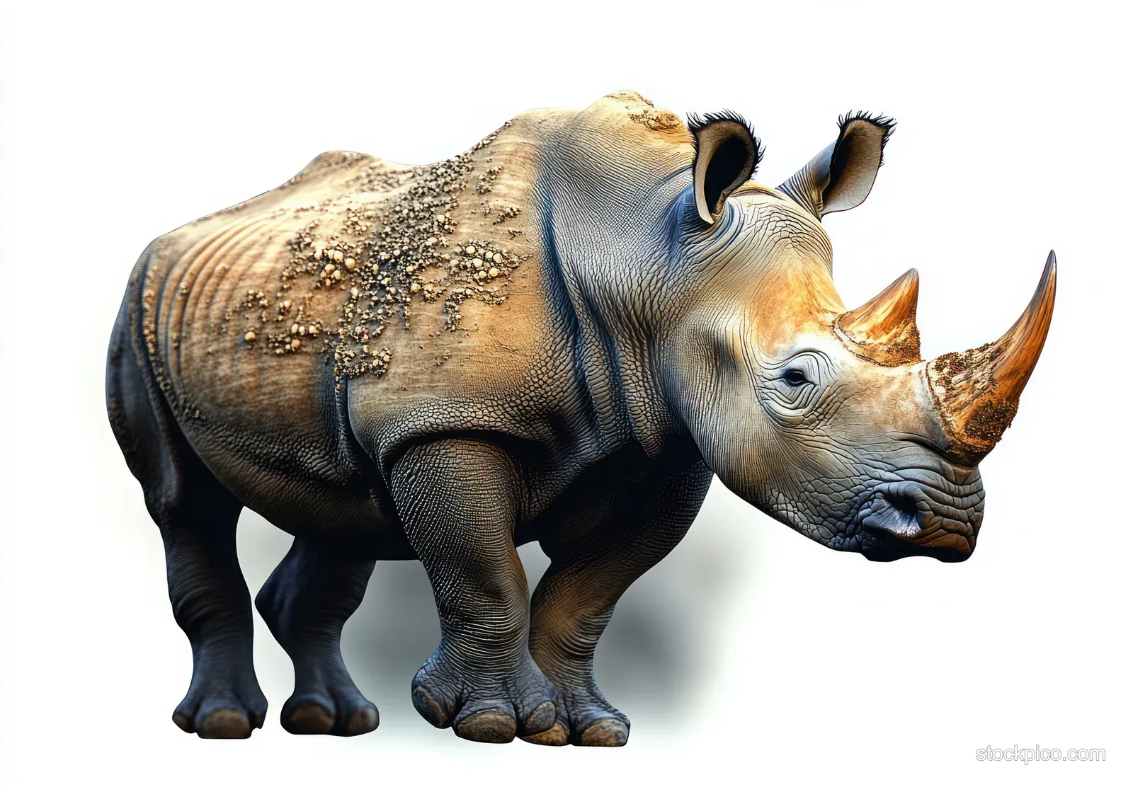A gray rhinoceros with two horns stands in close-up, showing rough textured skin on a white background.