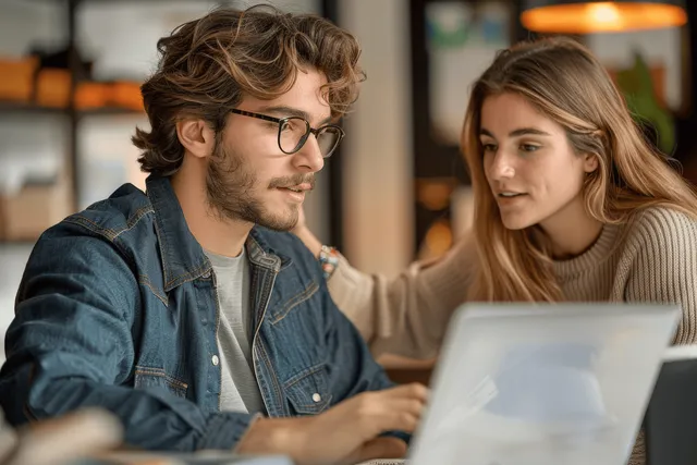 Young male designer with glasses pointing at laptop during discussion with colleague in office