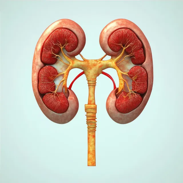 An anatomical kidney diagram displays renal arteries and veins with ureters on a light background.