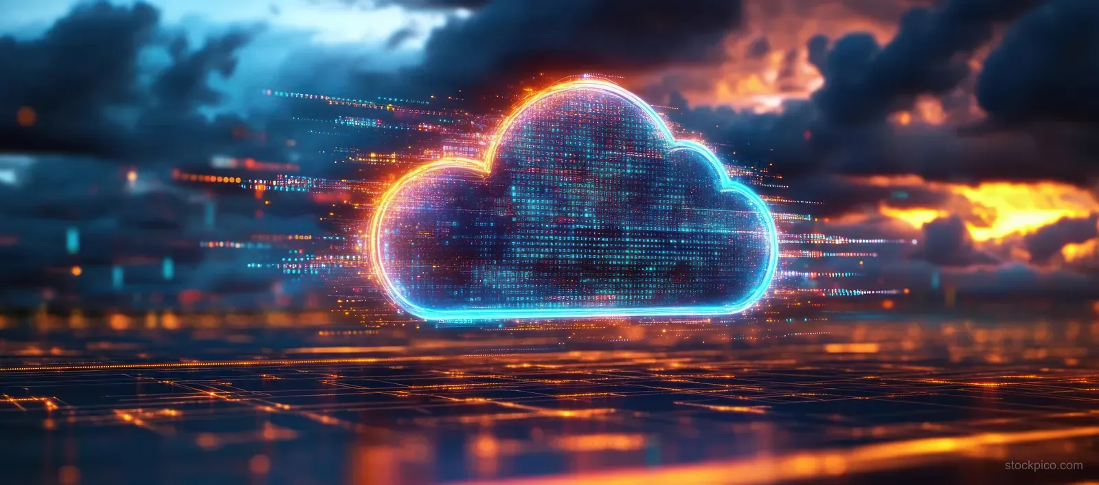 A glowing neon cloud icon hovers above a cyberpunk skyline with data trails moving through the night.