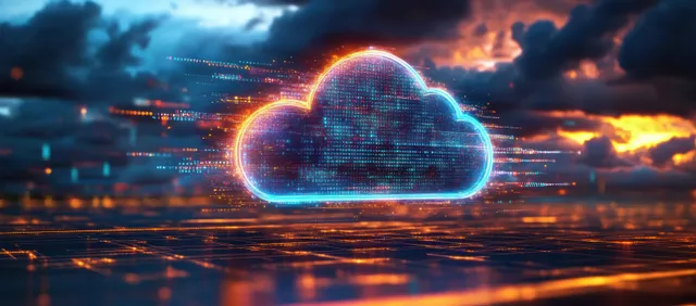 A glowing neon cloud icon hovers above a cyberpunk skyline with data trails moving through the night.