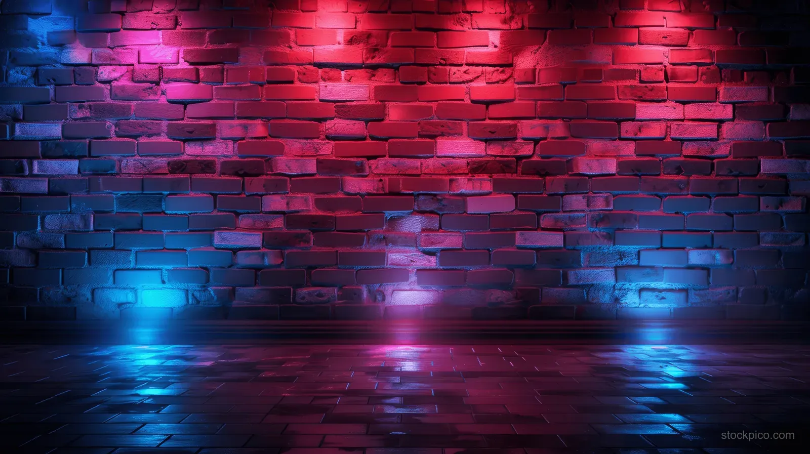 Red and blue neon light beams illuminate a dark brick wall with reflections across a glossy floor.