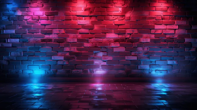 Red and blue neon light beams illuminate a dark brick wall with reflections across a glossy floor.
