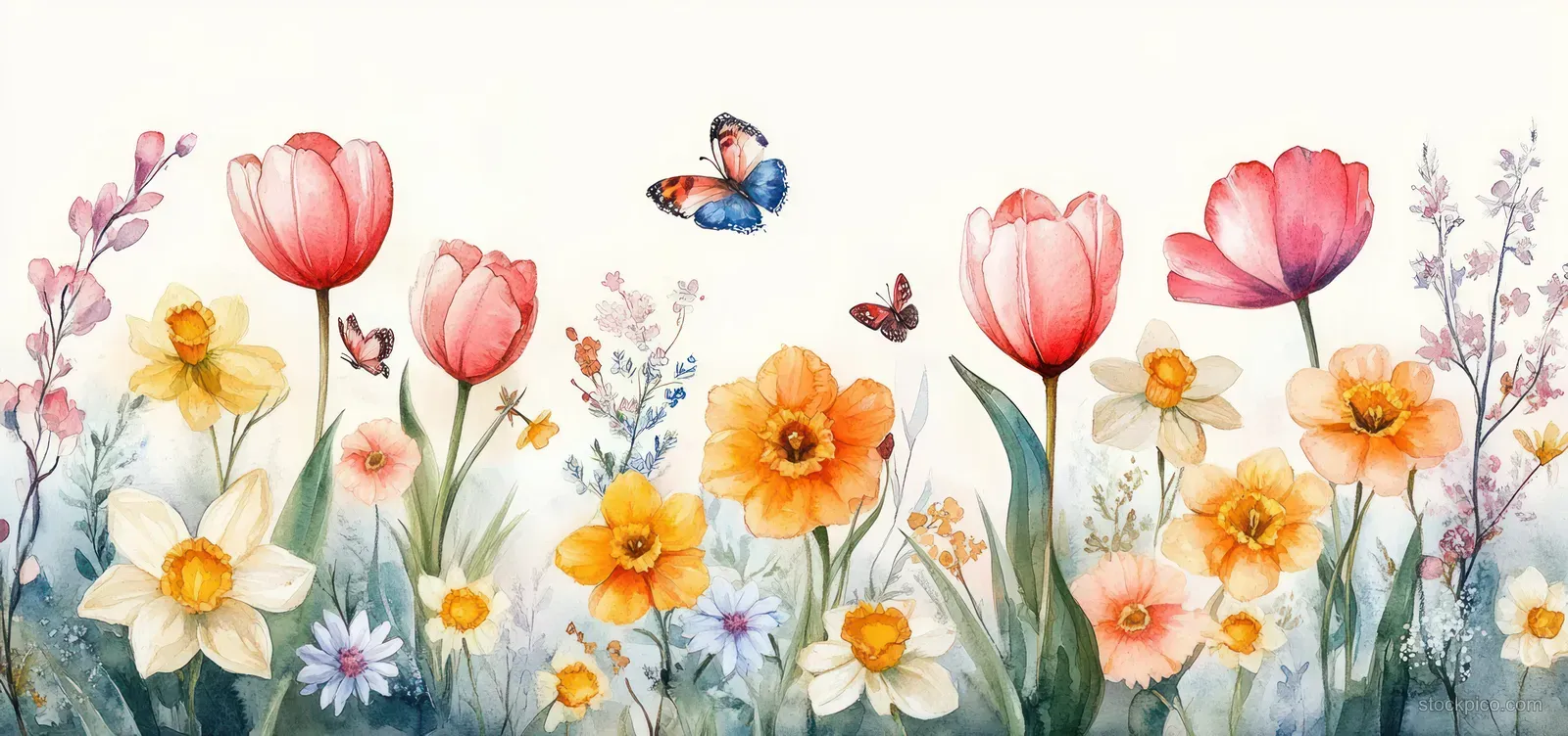 Watercolor spring garden with blooming tulips, daisies, and butterflies flying above the flowers.