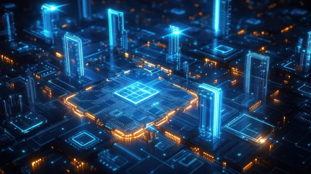 Futuristic blue microchip on a circuit board with orange data tower lights and glowing circuit paths.