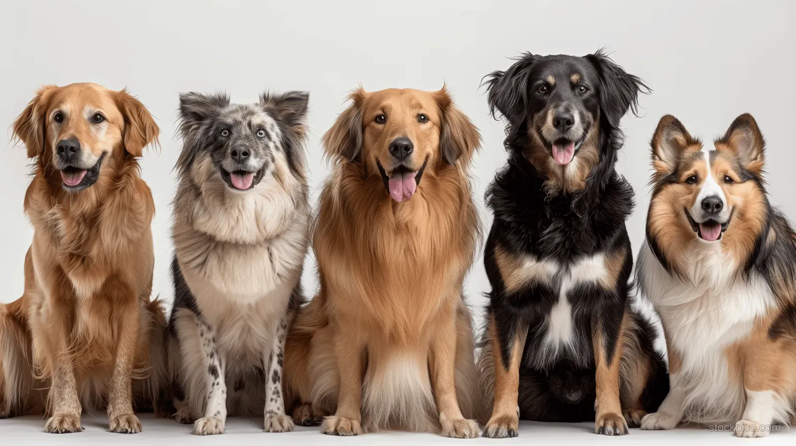 Several dogs of different breeds sit side by side in a studio group portrait against a white background.