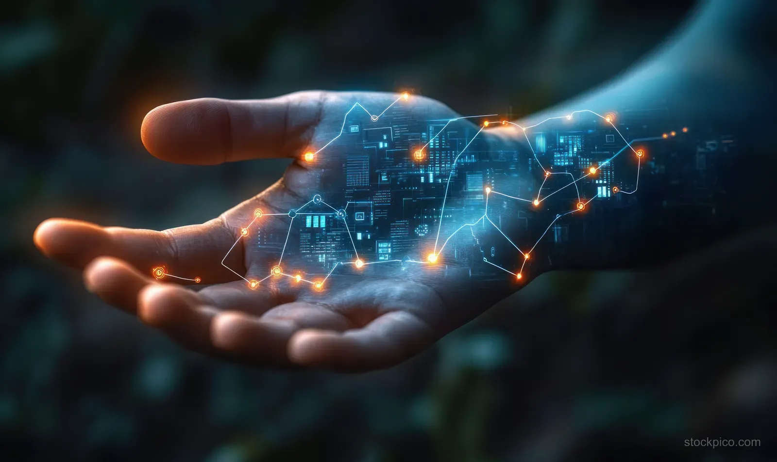 Human hand cradles a glowing digital network with connected nodes and circuit lines in a dark blue background.