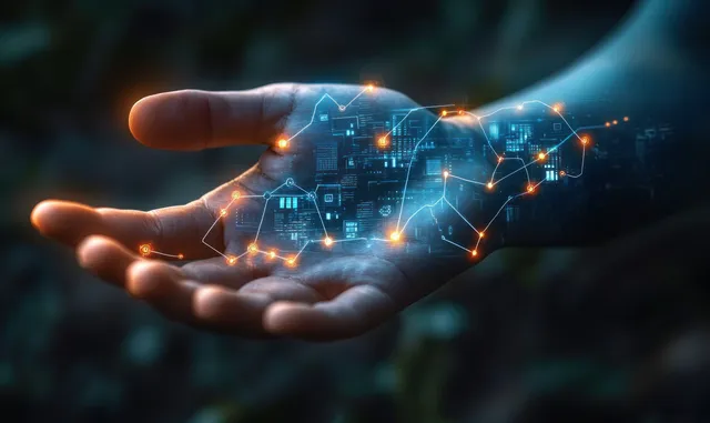 Hand holding glowing digital network with circuit lines and data nodes in dark blue