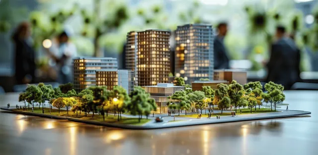 Architectural office tower model with miniature trees on a table while people in suits discuss behind it.