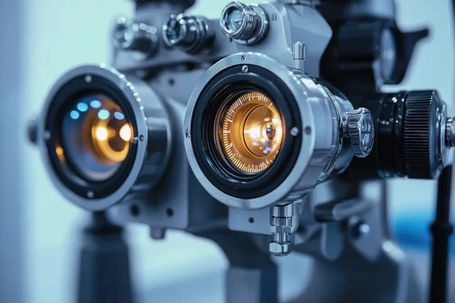 Close-up of an optometry phoropter showing lens openings, knobs, and adjustment dials on a clinic setup.