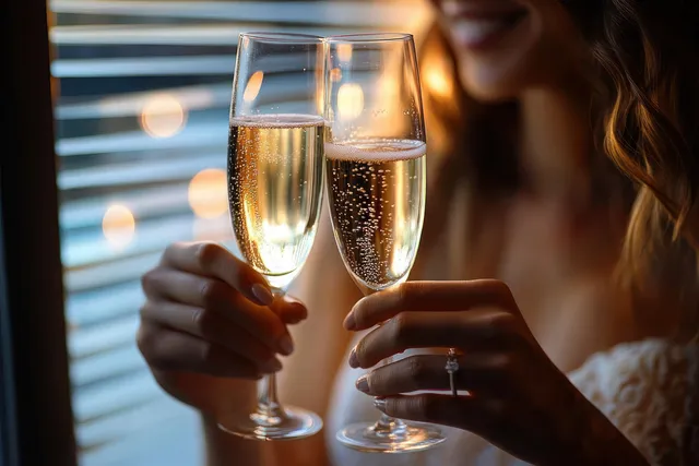 Two hands clink champagne flutes with sparkling bubbles as a smiling woman appears softly in warm light.