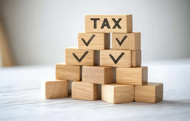 Stacked wooden blocks labeled TAX with check marks indicating completed tax filing