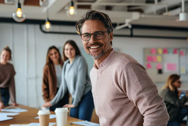Smiling business leader in a pink sweater gestures at a team meeting in a bright office with coworkers seated behind.