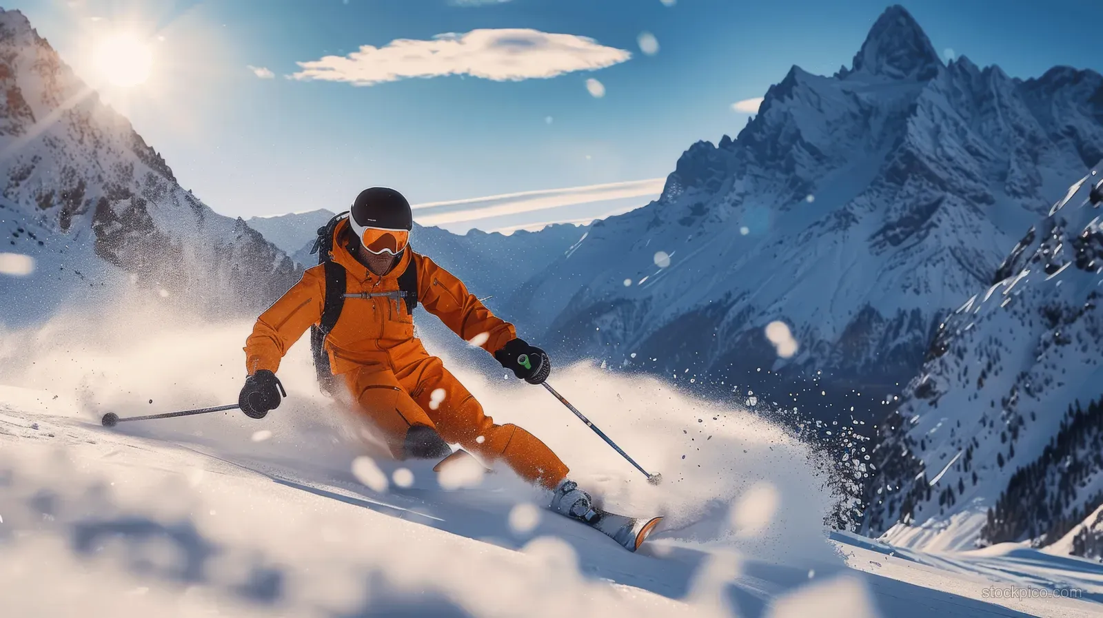 An orange-jacket skier carves down a snowy slope with sun flare and jagged mountains behind.