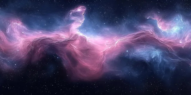 Swirling pink and blue nebula clouds glow softly across a deep black star field.