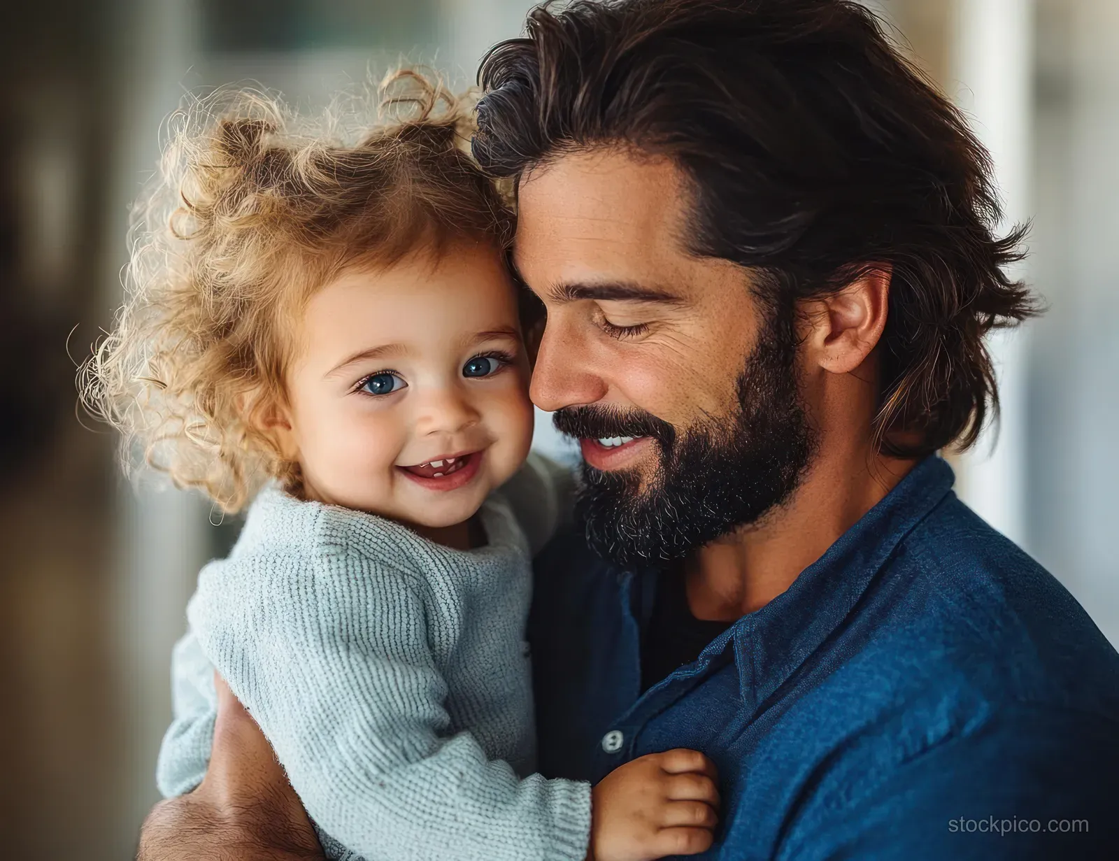 A father hugs and smiles with his toddler indoors during a playful bonding moment.