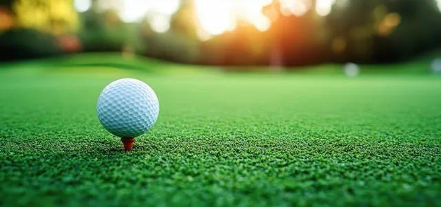 A golf ball on a tee on a sunlit green putting surface with warm bokeh in the background.