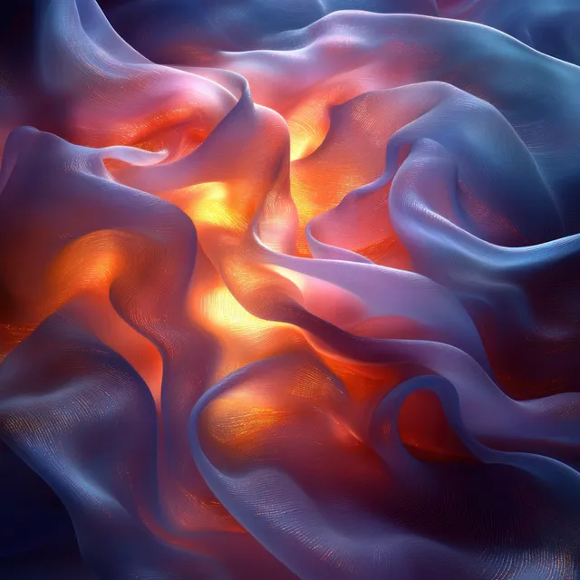 Iridescent flowing fabric abstract with glowing folds, swirling waves, and rainbow soft light