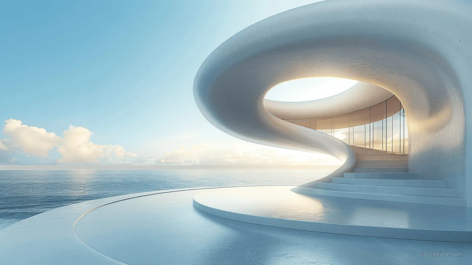 A futuristic building entrance with a curved metal ring sits on an empty concrete platform under a blue sky.