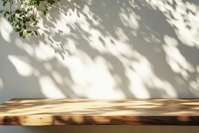 Wood table top with soft leaf shadows on beige wall, warm minimalist display